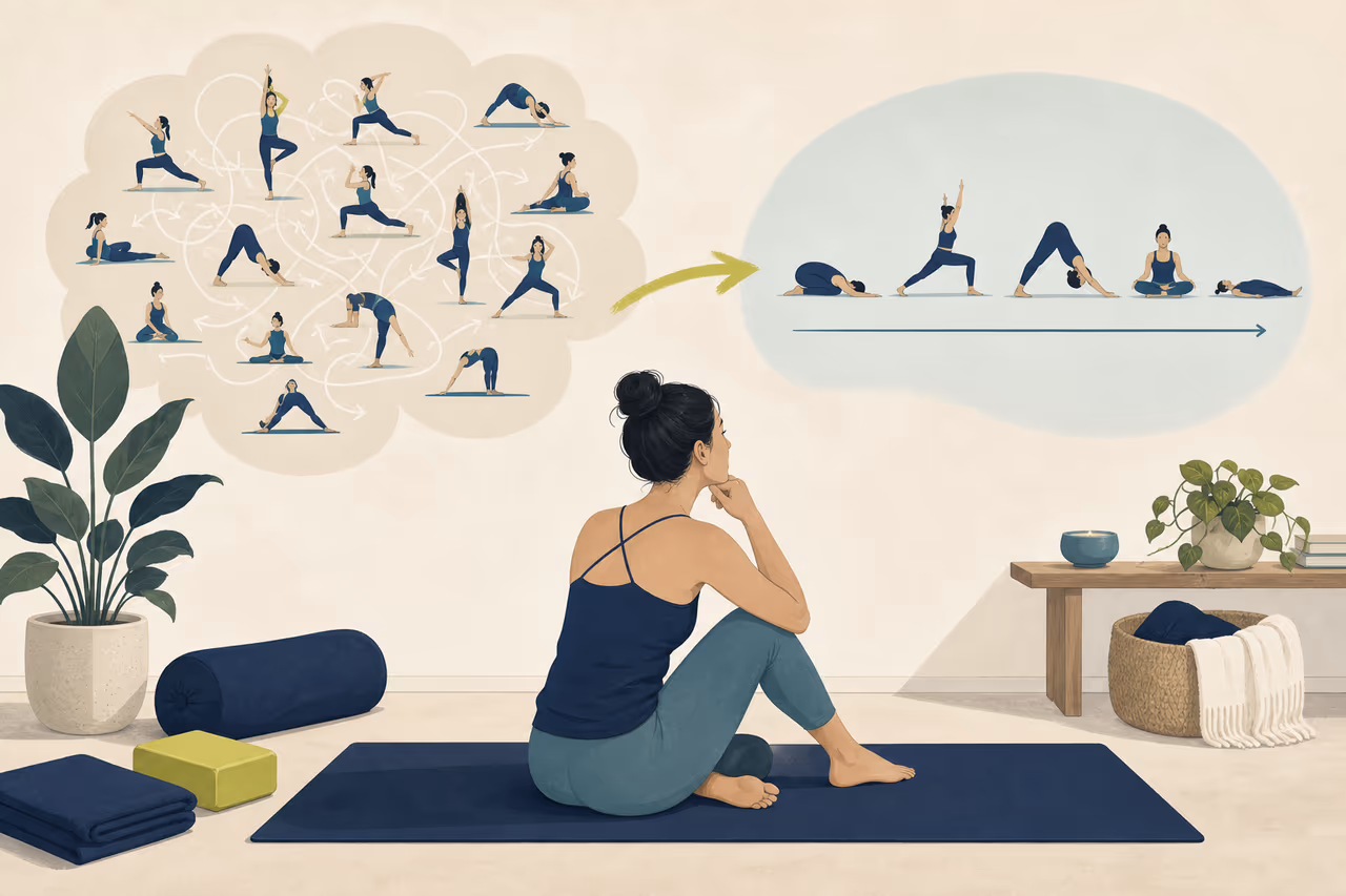 Editorial illustration about reduce decision fatigue in home yoga.