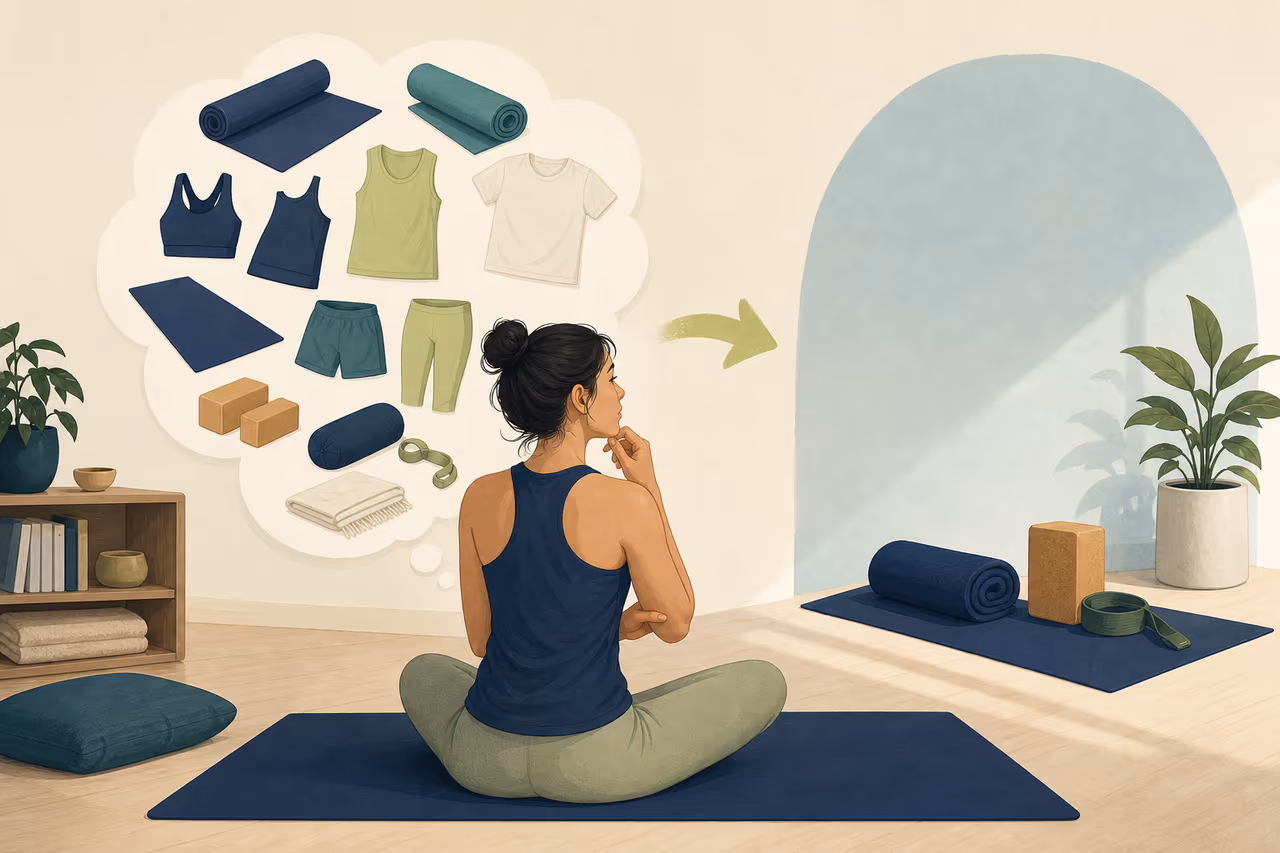 Editorial cover illustration about reduce decision fatigue in home yoga.