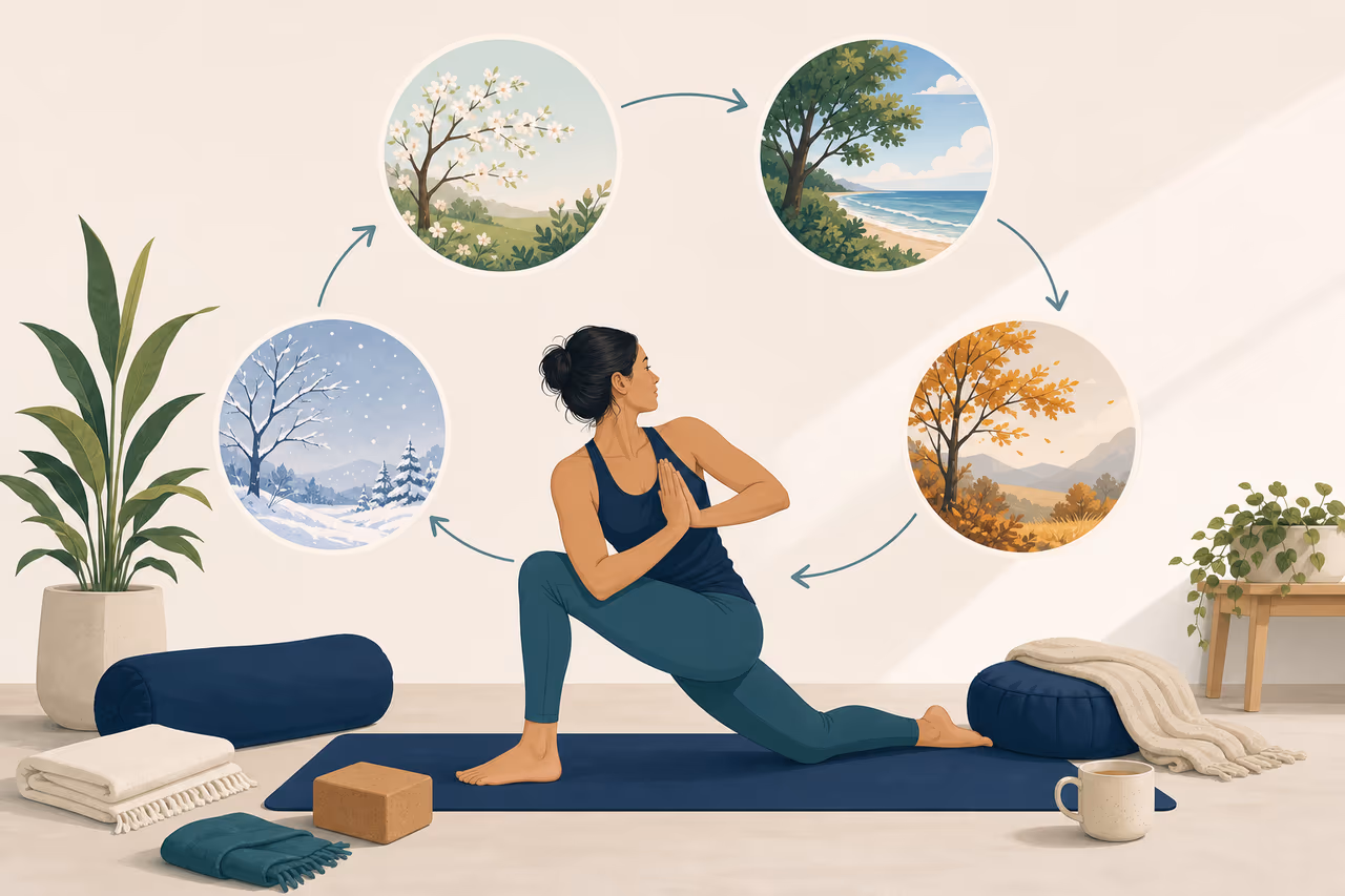 Editorial illustration about how seasons can change a home yoga routine.
