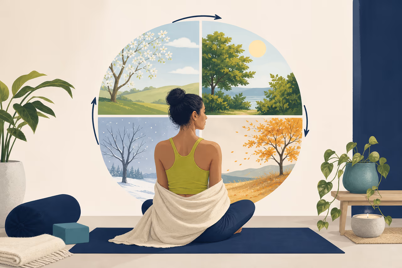 Editorial cover illustration about how seasons can change a home yoga routine.