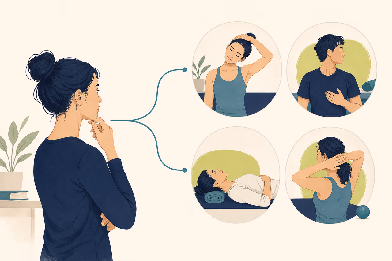Editorial illustration about how to choose a neck mobility class.