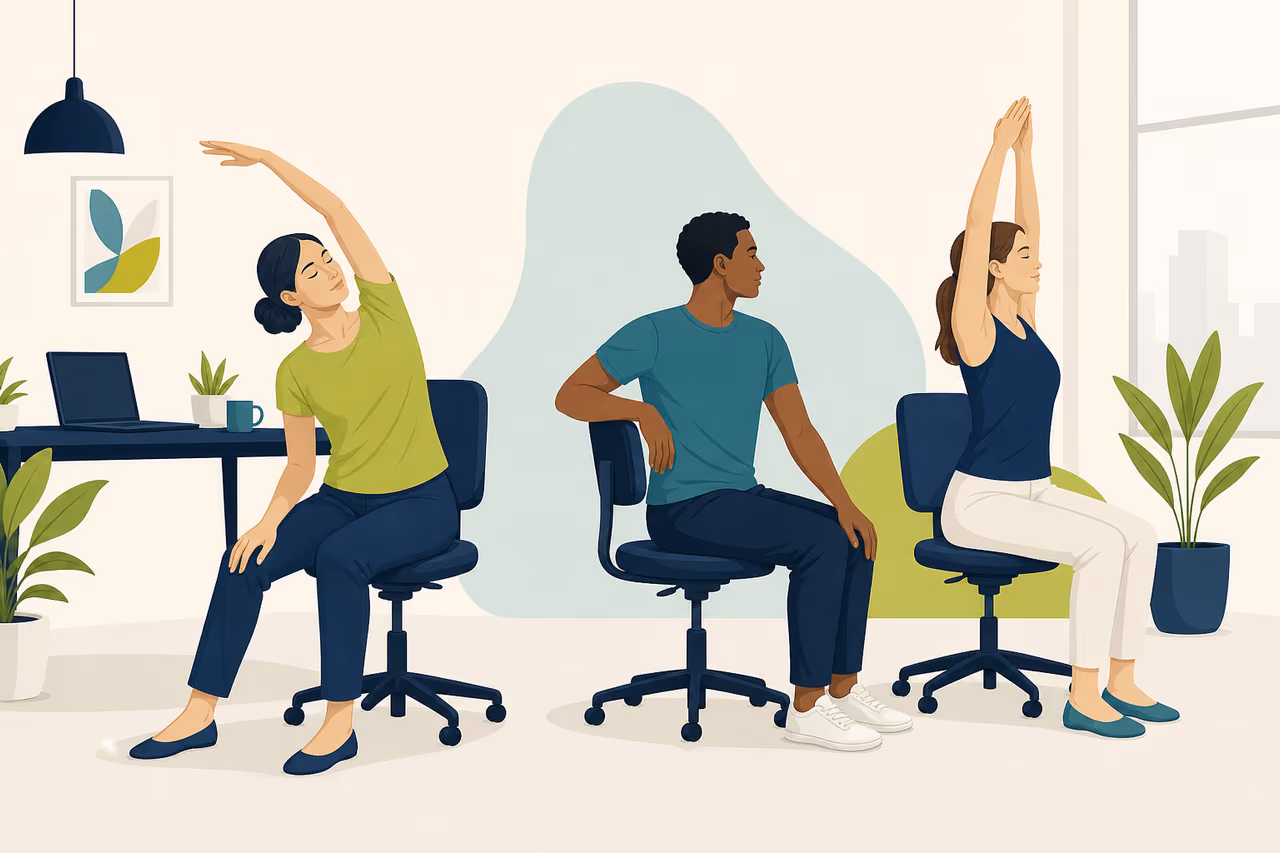 Editorial illustration about chair yoga for office workers.