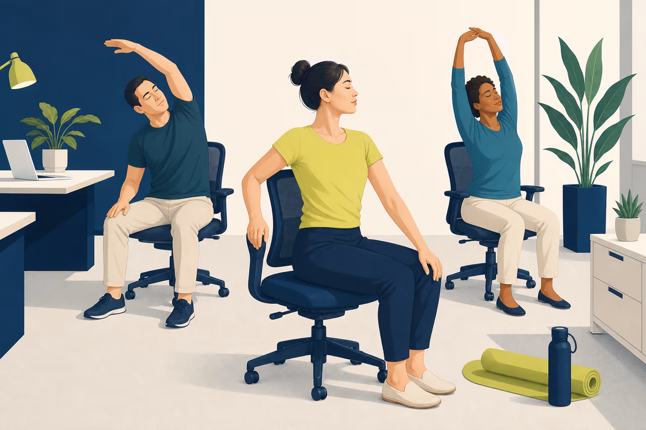 Editorial cover illustration about chair yoga for office workers.