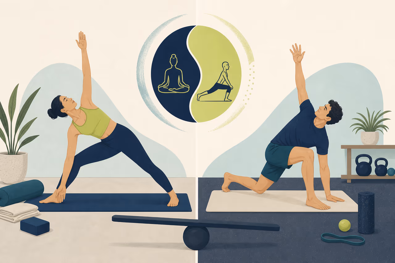 Editorial illustration about yoga vs a dedicated mobility routine.