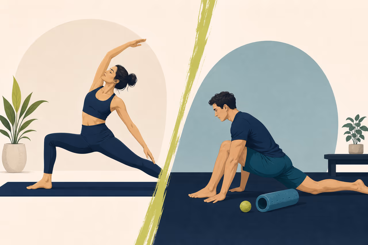 Editorial cover illustration about yoga vs a dedicated mobility routine.