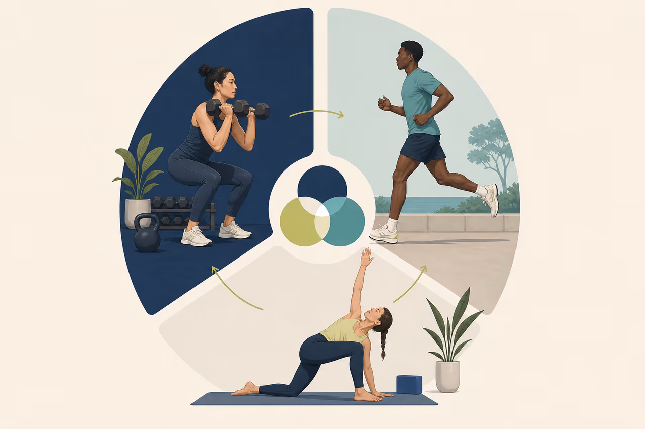 Editorial illustration about how to balance strength cardio and mobility.