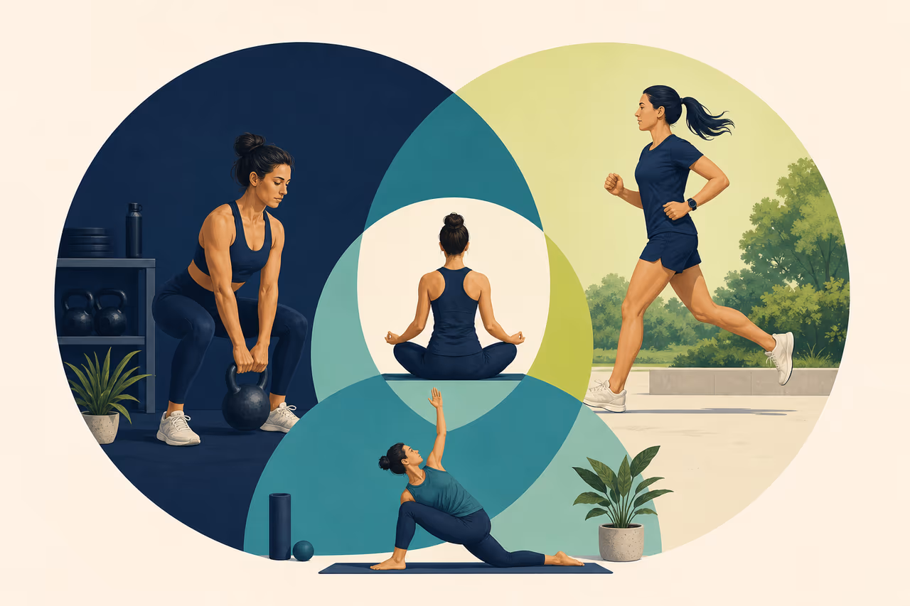 Editorial cover illustration about how to balance strength cardio and mobility.