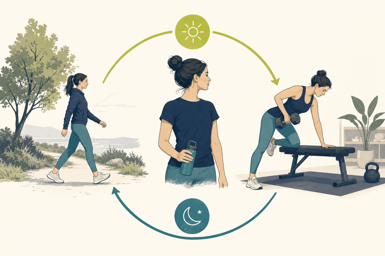 Editorial illustration about how to combine walking and strength training.