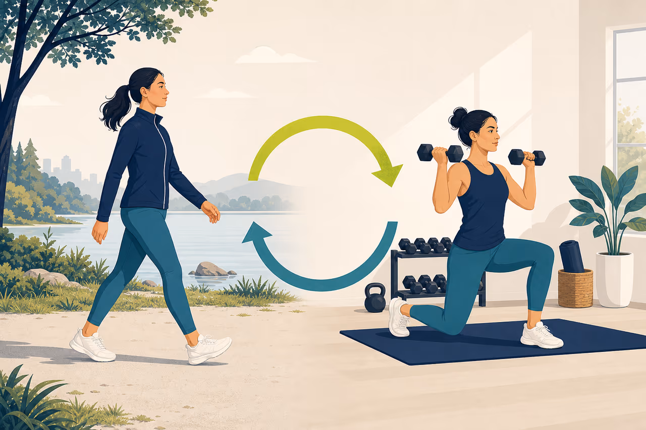 Editorial cover illustration about how to combine walking and strength training.