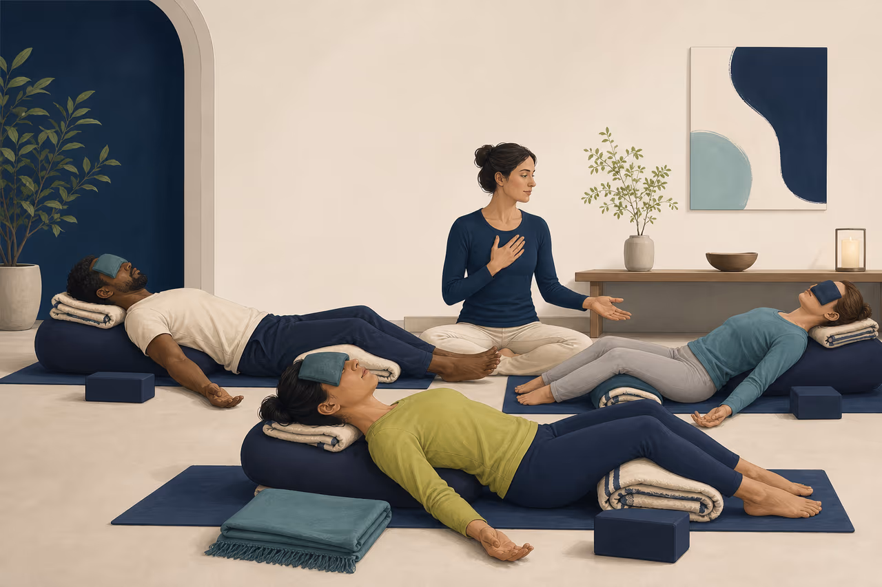 Editorial illustration about what to expect from a recovery yoga class.