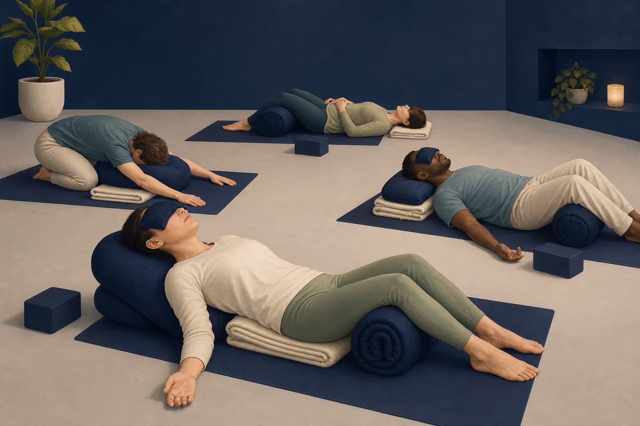 Editorial cover illustration about what to expect from a recovery yoga class.