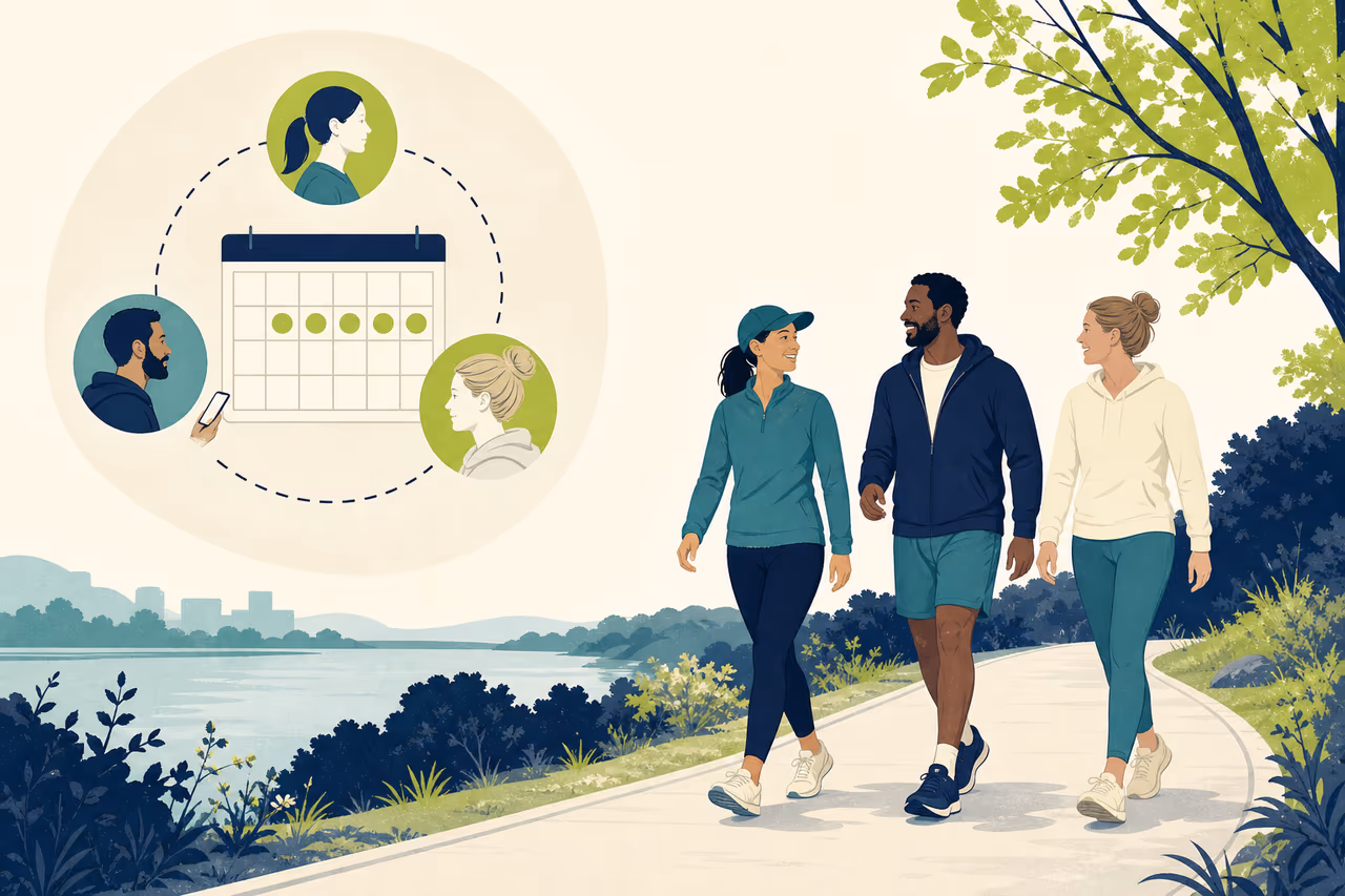 Editorial cover illustration about how social walking supports consistency.