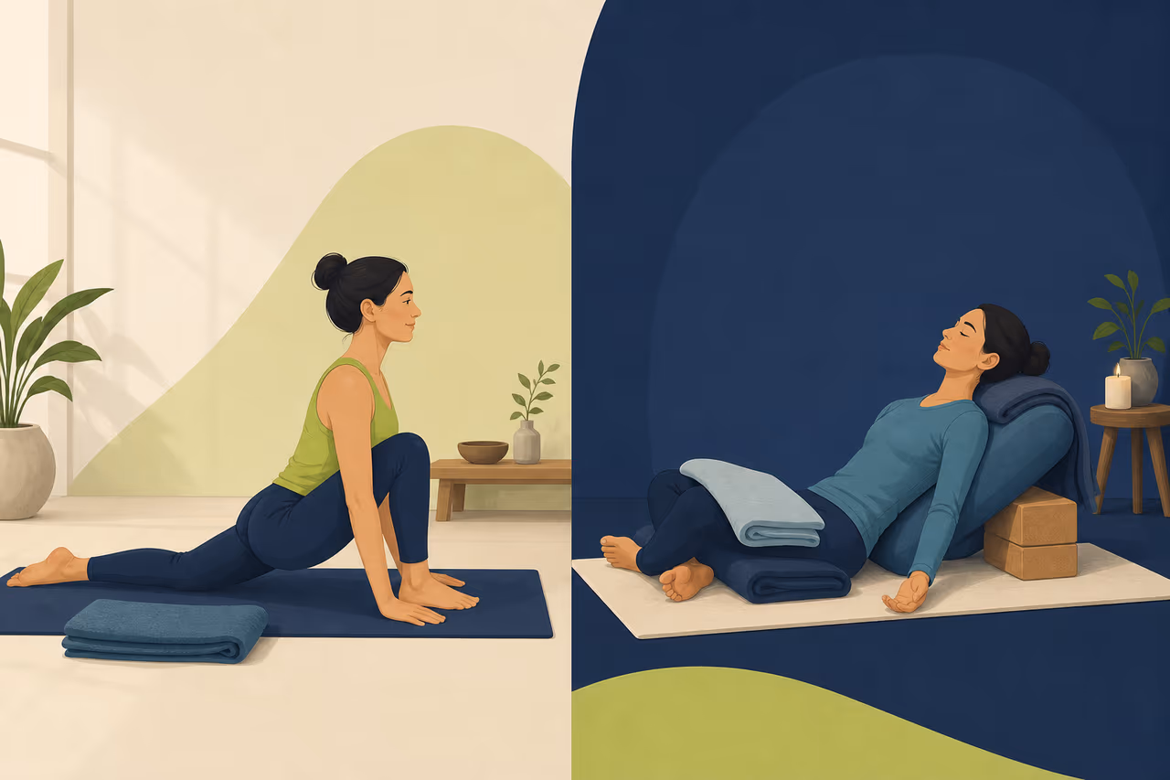 Editorial illustration about gentle yoga vs restorative yoga.