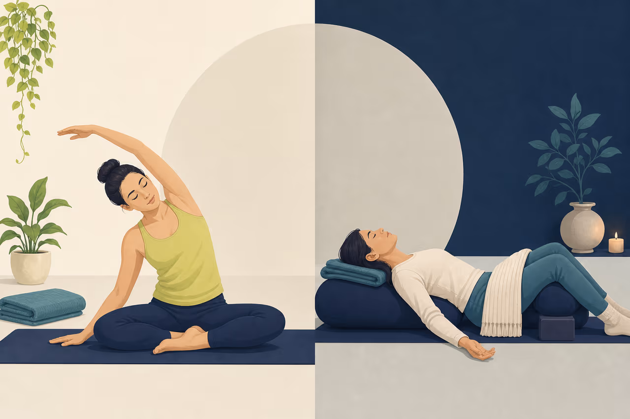 Editorial cover illustration about gentle yoga vs restorative yoga.