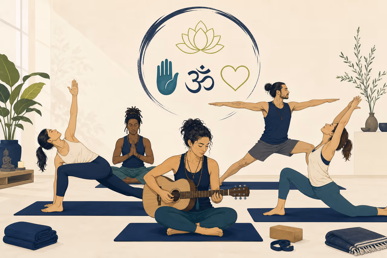 Editorial illustration about what is Jivamukti yoga.