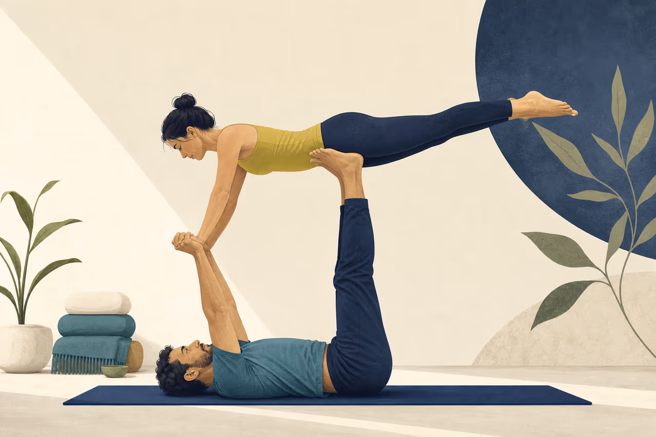 Editorial cover illustration about what is acro yoga.