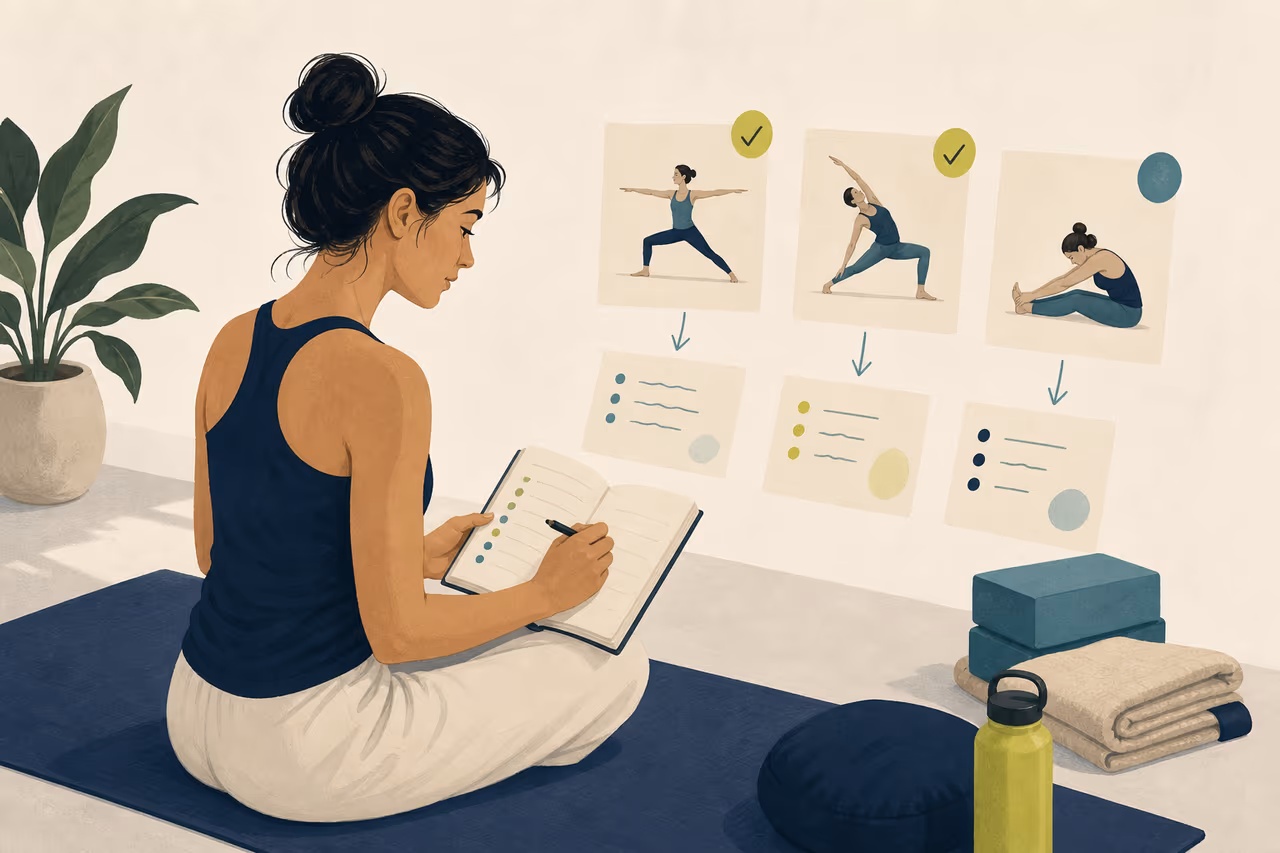 Editorial illustration about how to review your yoga routine each month.