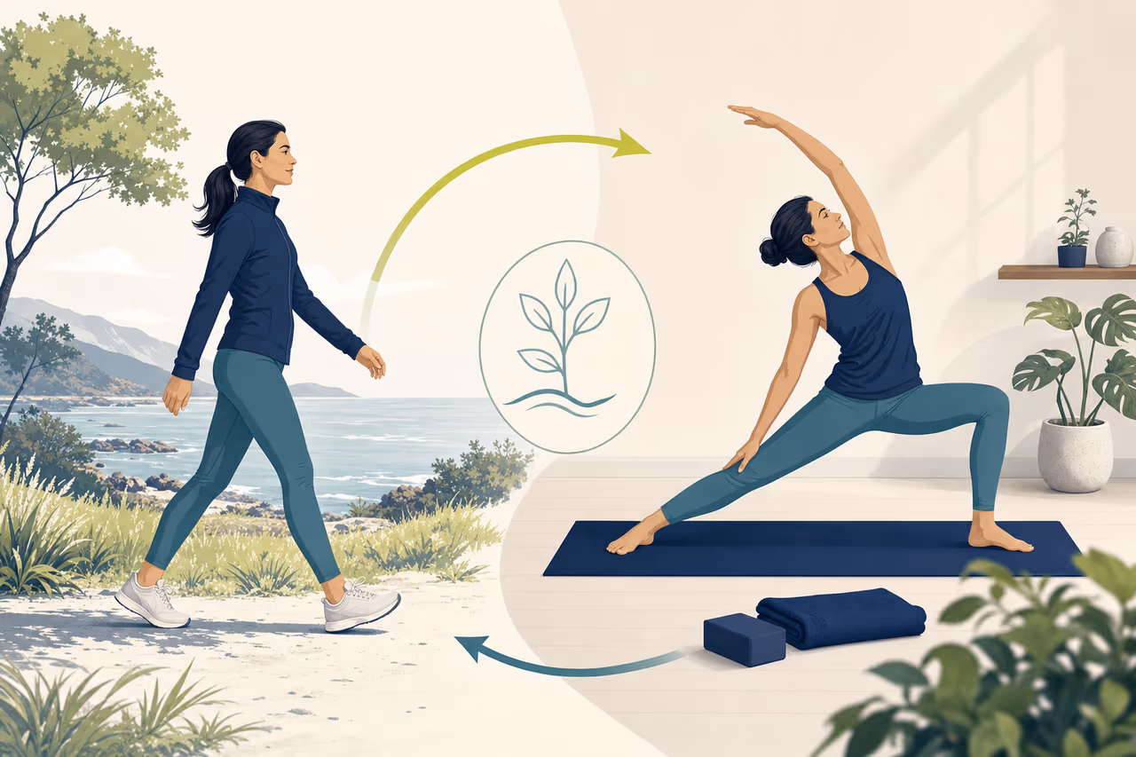 Editorial illustration about how to combine walking and yoga.