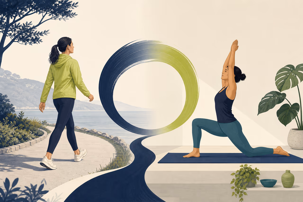 Editorial cover illustration about how to combine walking and yoga.
