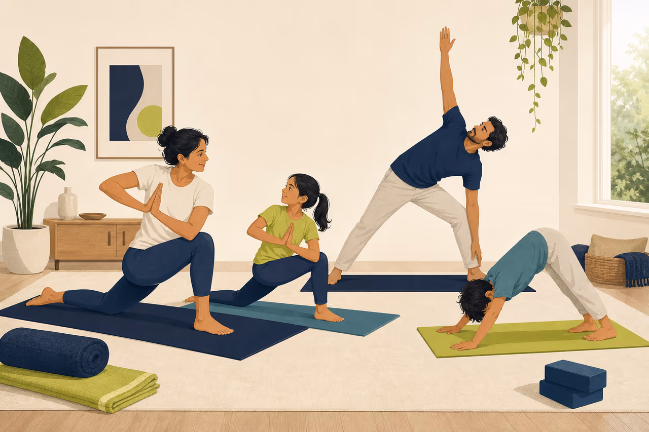 Editorial illustration about how to practise yoga with family at home.
