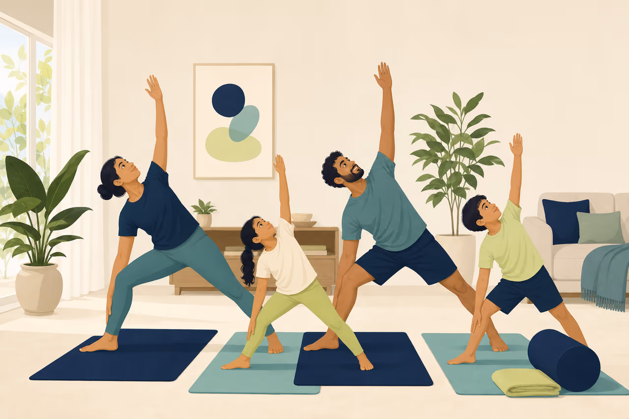 Editorial cover illustration about how to practise yoga with family at home.