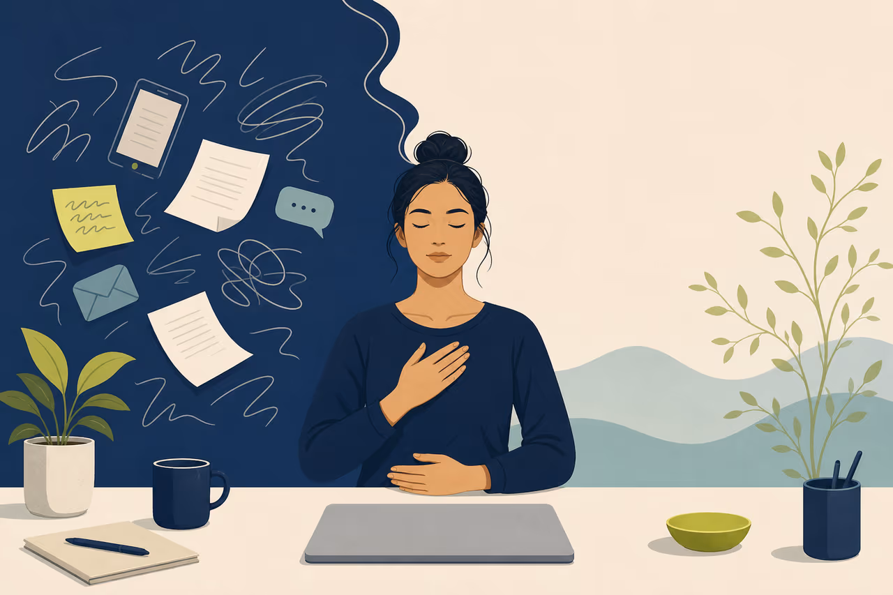 Editorial illustration about meditation for focus without productivity hype.