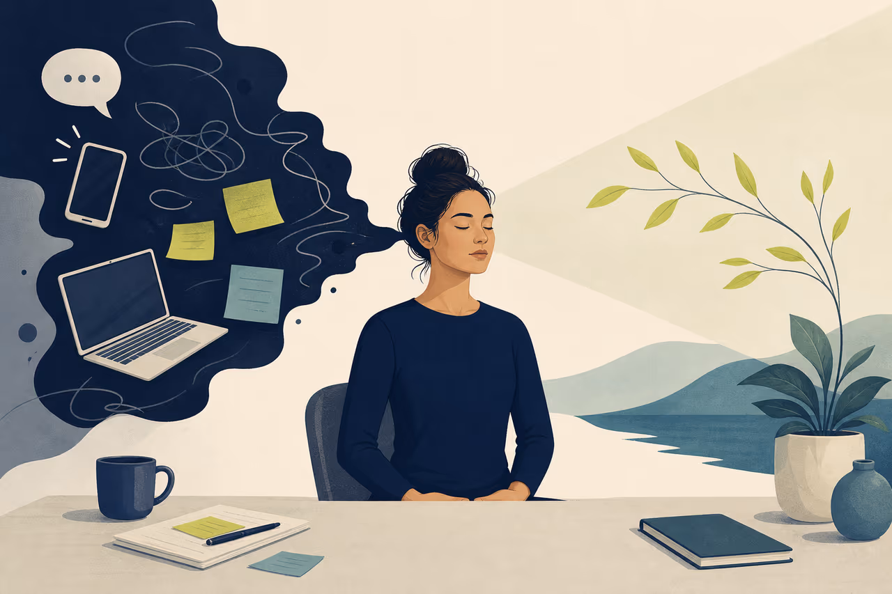 Editorial cover illustration about meditation for focus without productivity hype.