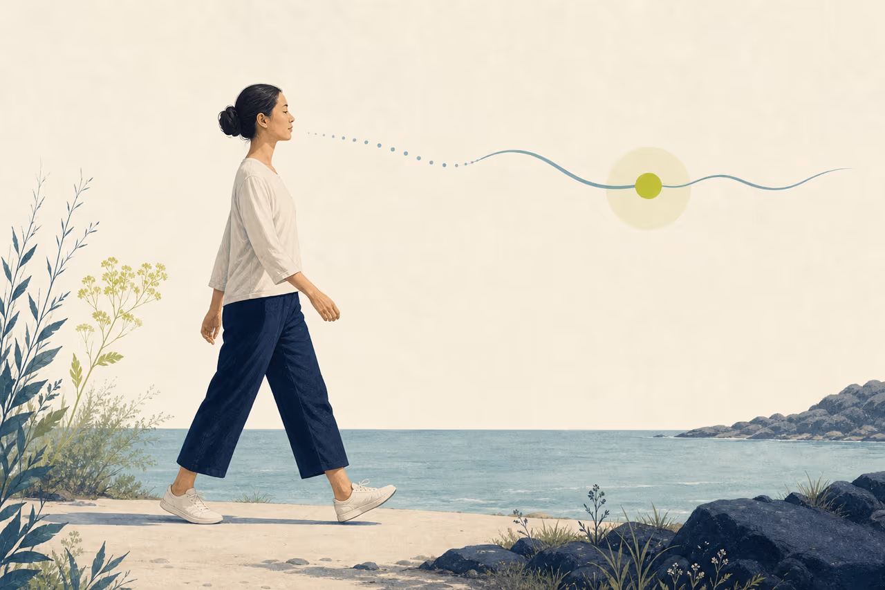 Editorial cover illustration about how to practise walking meditation.