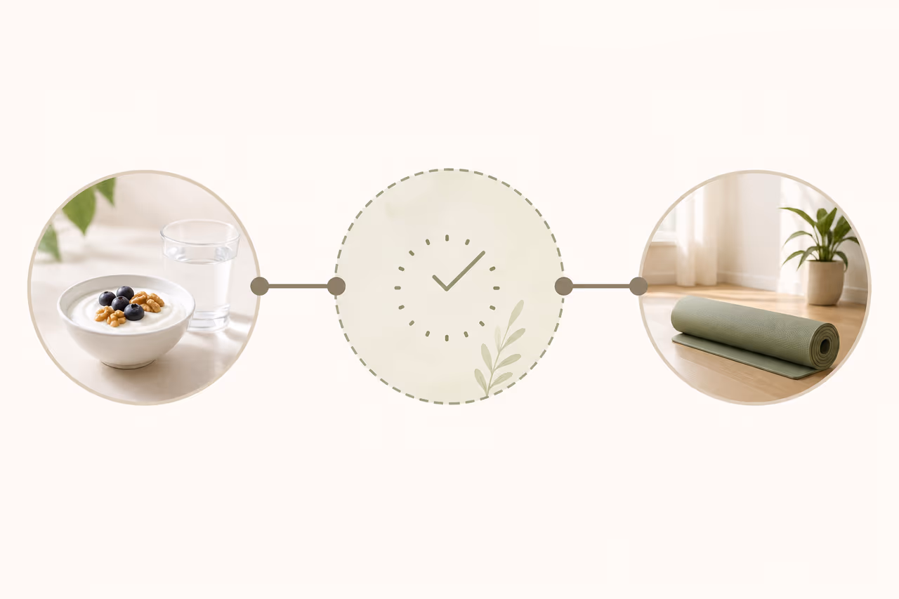 Timeline diagram showing comfortable spacing between eating and gentle yoga practice