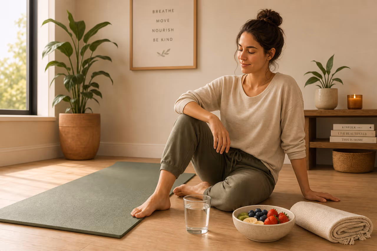 A person resting quietly near a yoga mat with simple food and drink nearby