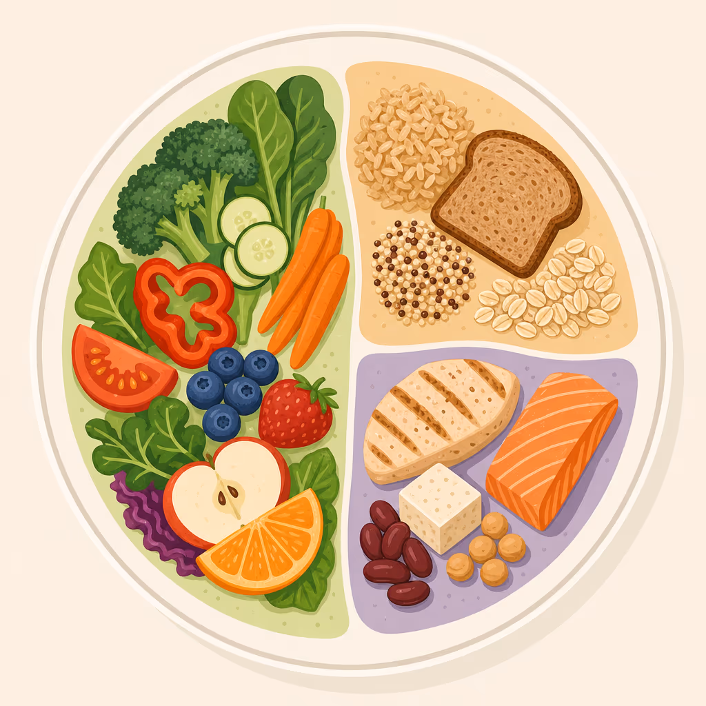 An illustration showing a plate divided into approximate proportions: half for vegetables and fruits, a quarter for whole grains, and a quarter for protein.