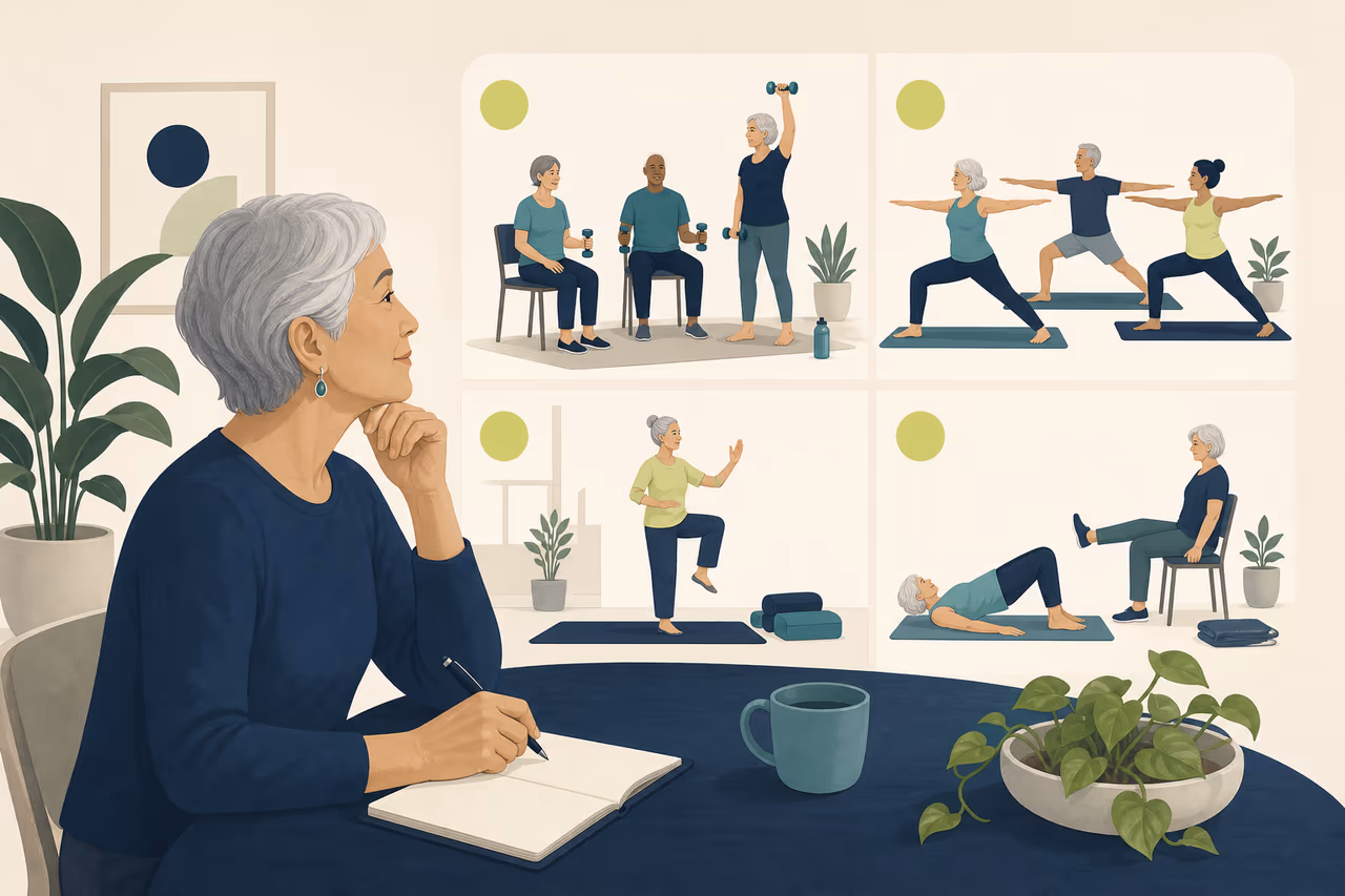 Editorial illustration about how older adults can choose strength classes.