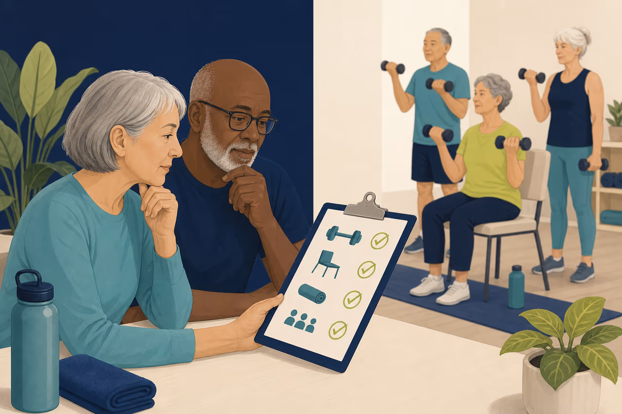 Editorial cover illustration about how older adults can choose strength classes.