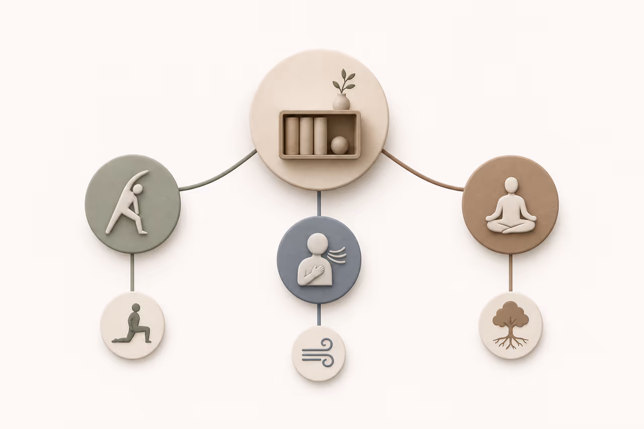 Diagram showing three core categories of a small practice library: mobility, breathwork, and grounding.