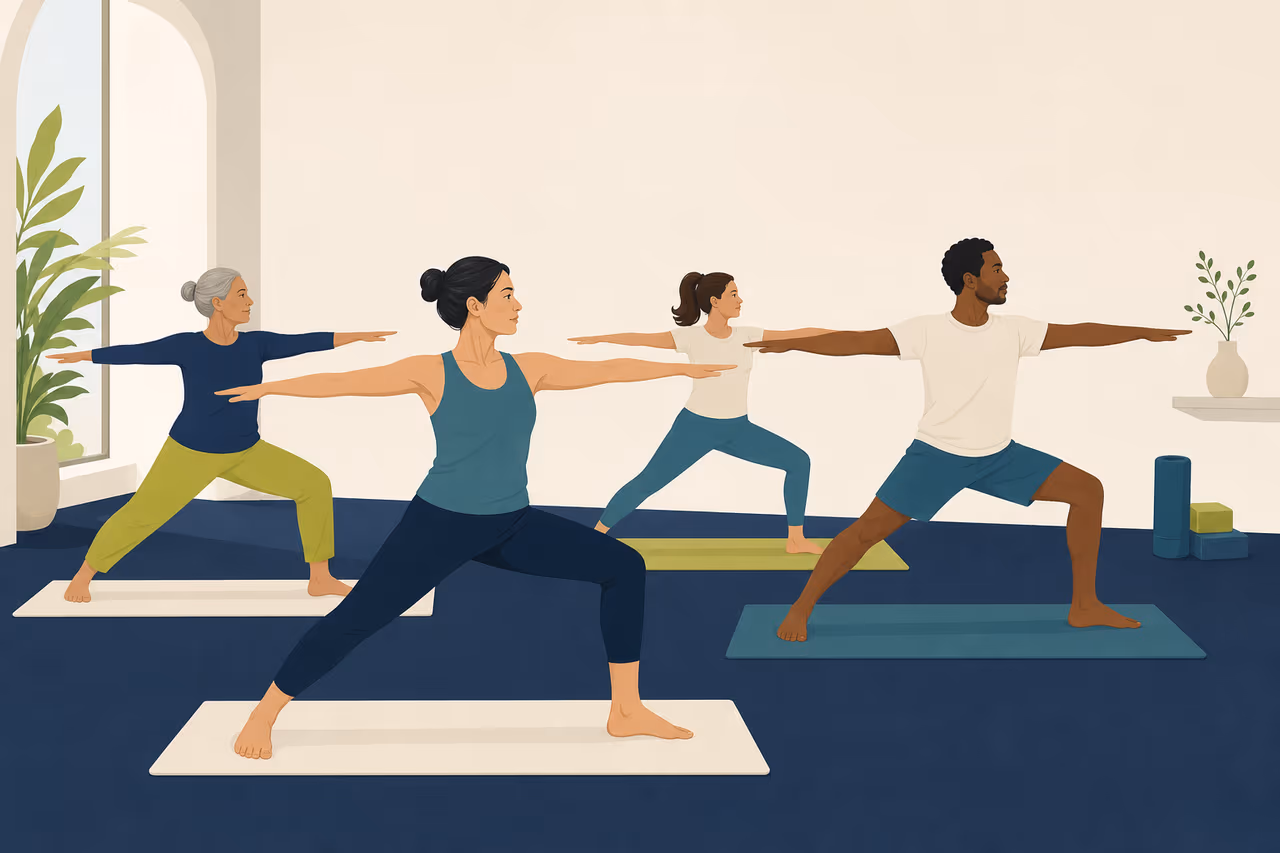 Editorial illustration about what to expect from a standing yoga class.