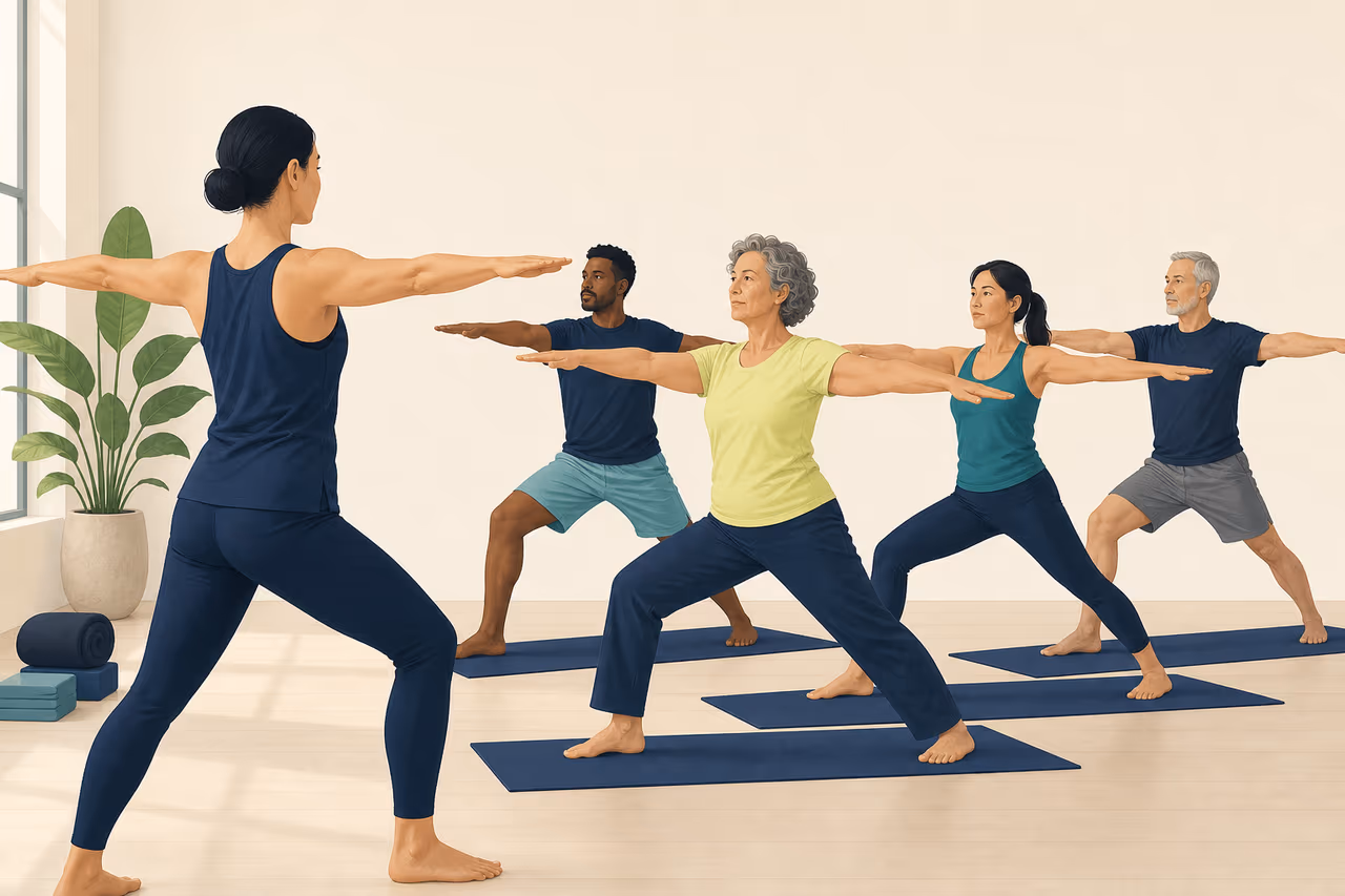 Editorial cover illustration about what to expect from a standing yoga class.