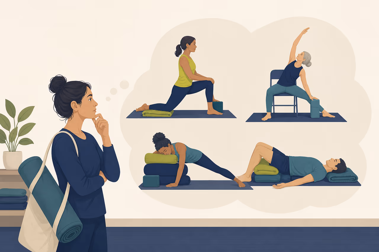 Editorial illustration about how to choose a knee friendly yoga class.