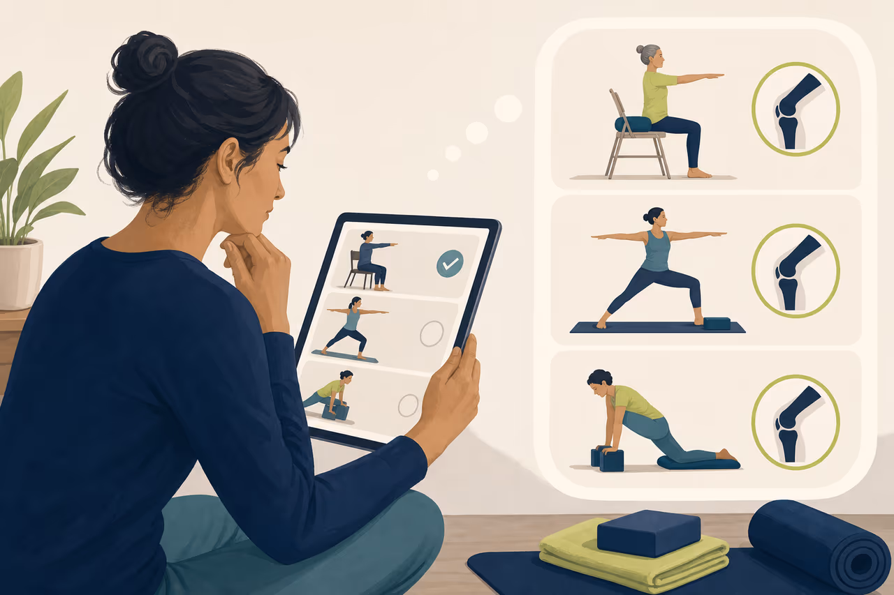 Editorial cover illustration about how to choose a knee friendly yoga class.