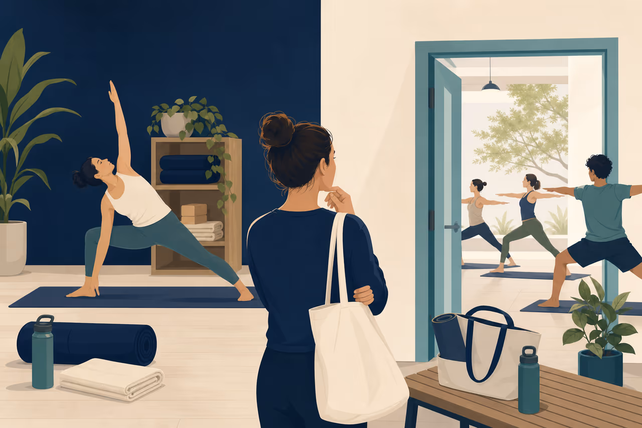 Editorial illustration about yoga membership vs drop in classes.