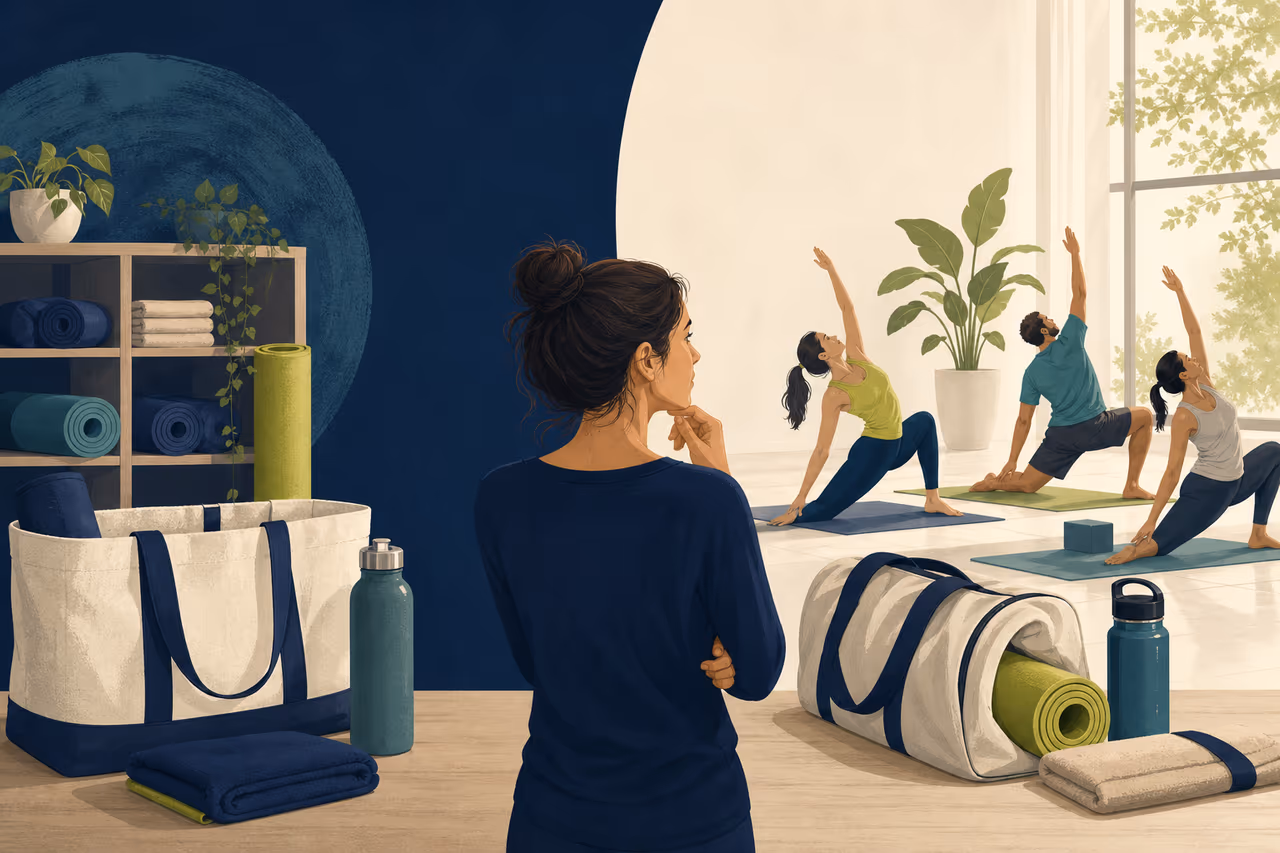 Editorial cover illustration about yoga membership vs drop in classes.