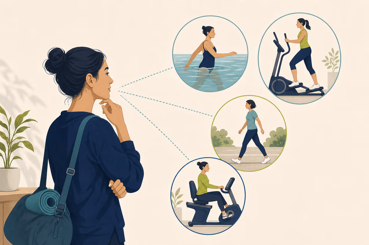 Editorial illustration about how to choose a low impact cardio workout.