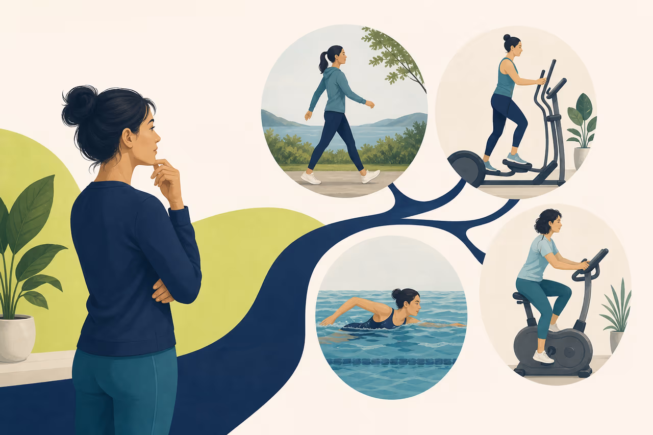 Editorial cover illustration about how to choose a low impact cardio workout.