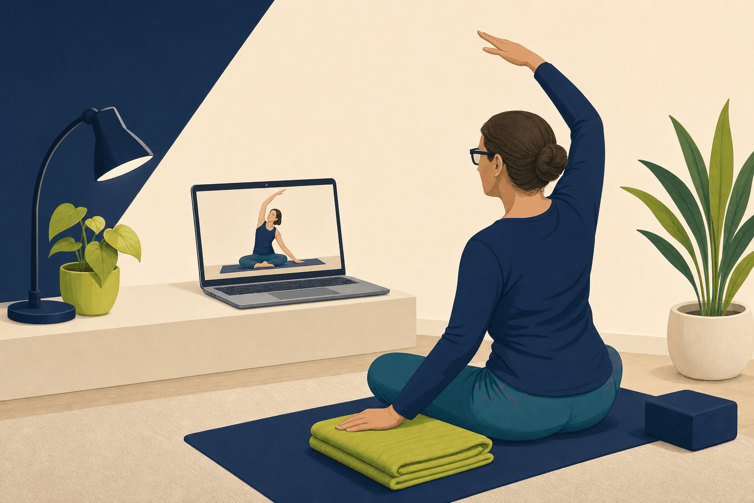 Editorial illustration about online yoga accessibility for low vision students.