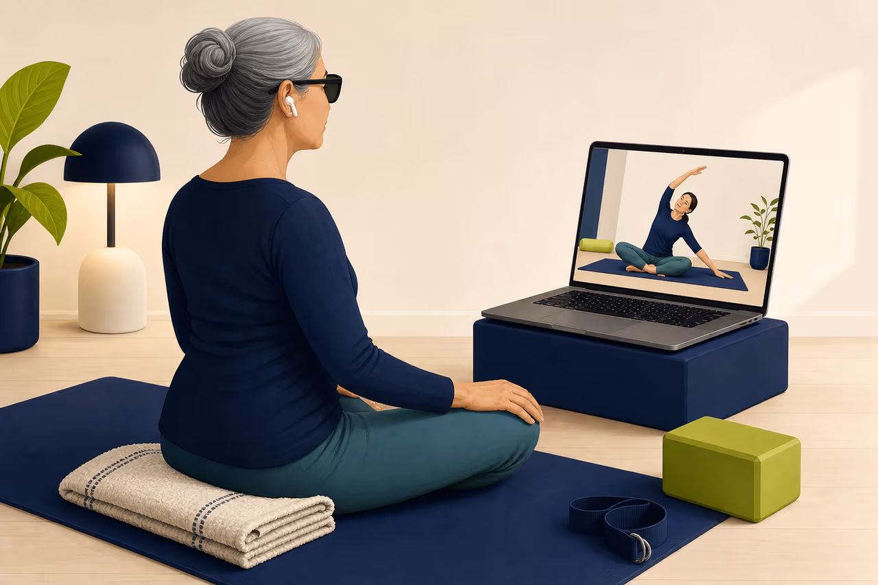 Editorial cover illustration about online yoga accessibility for low vision students.