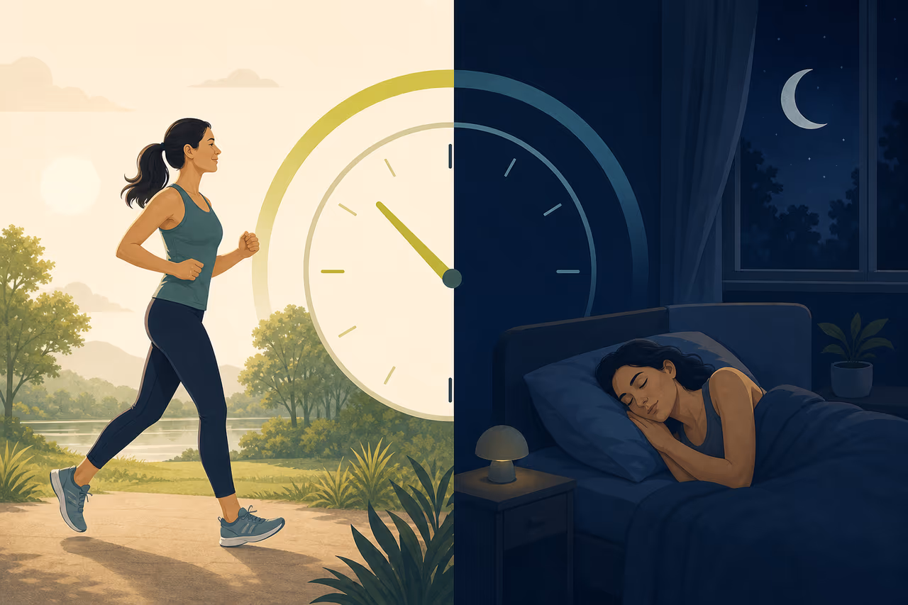 Editorial cover illustration about when should you exercise for better sleep.
