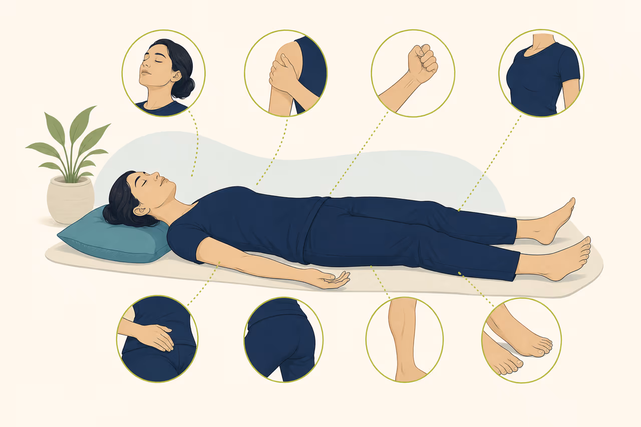 Editorial illustration about progressive muscle relaxation guide.
