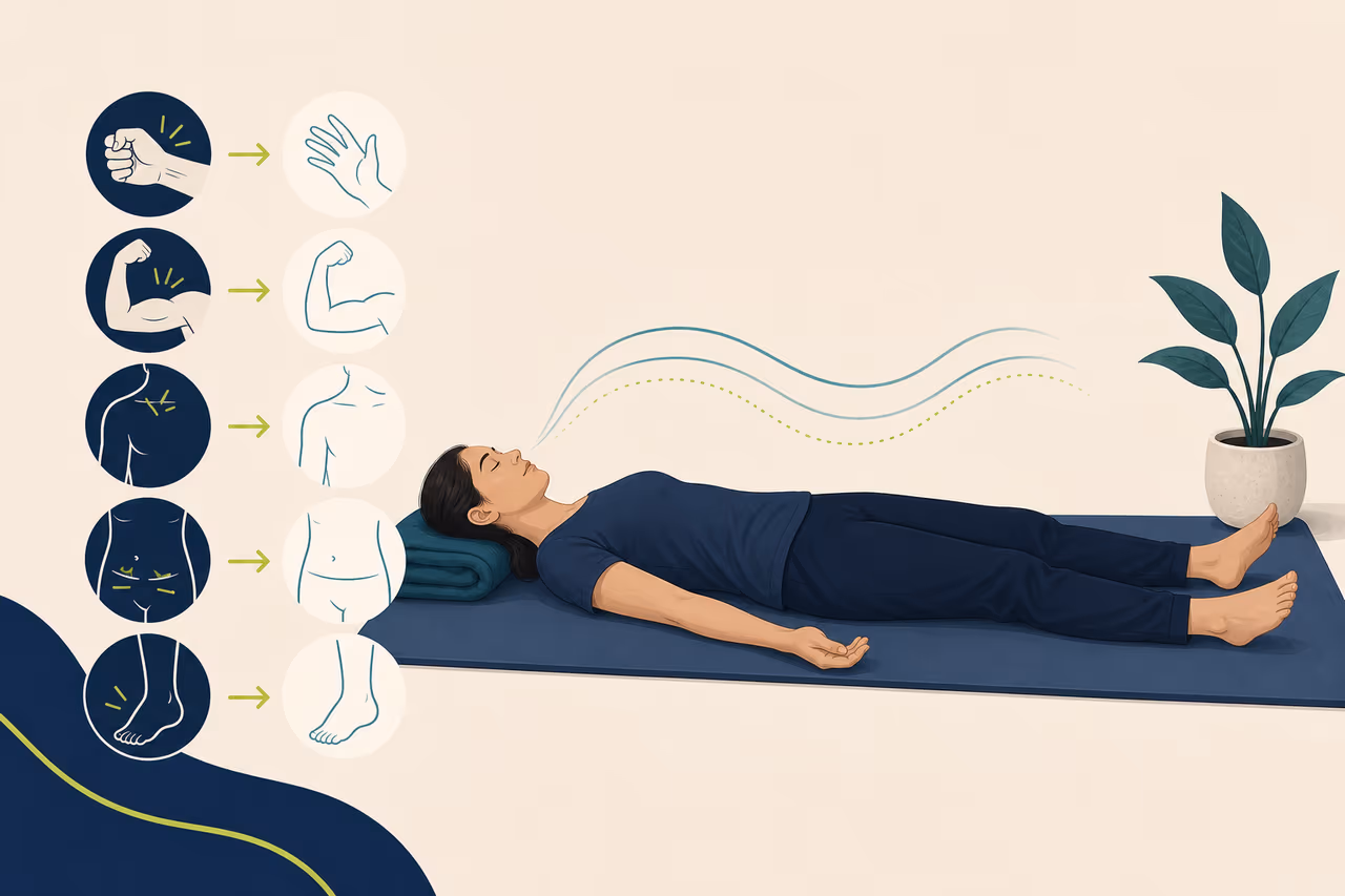 Editorial cover illustration about progressive muscle relaxation guide.