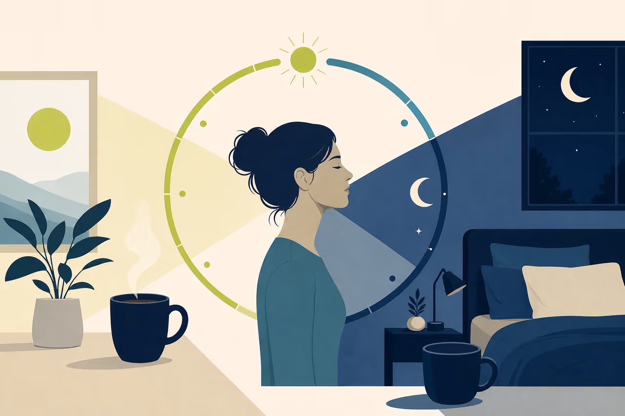 Editorial illustration about caffeine timing and sleep basics.