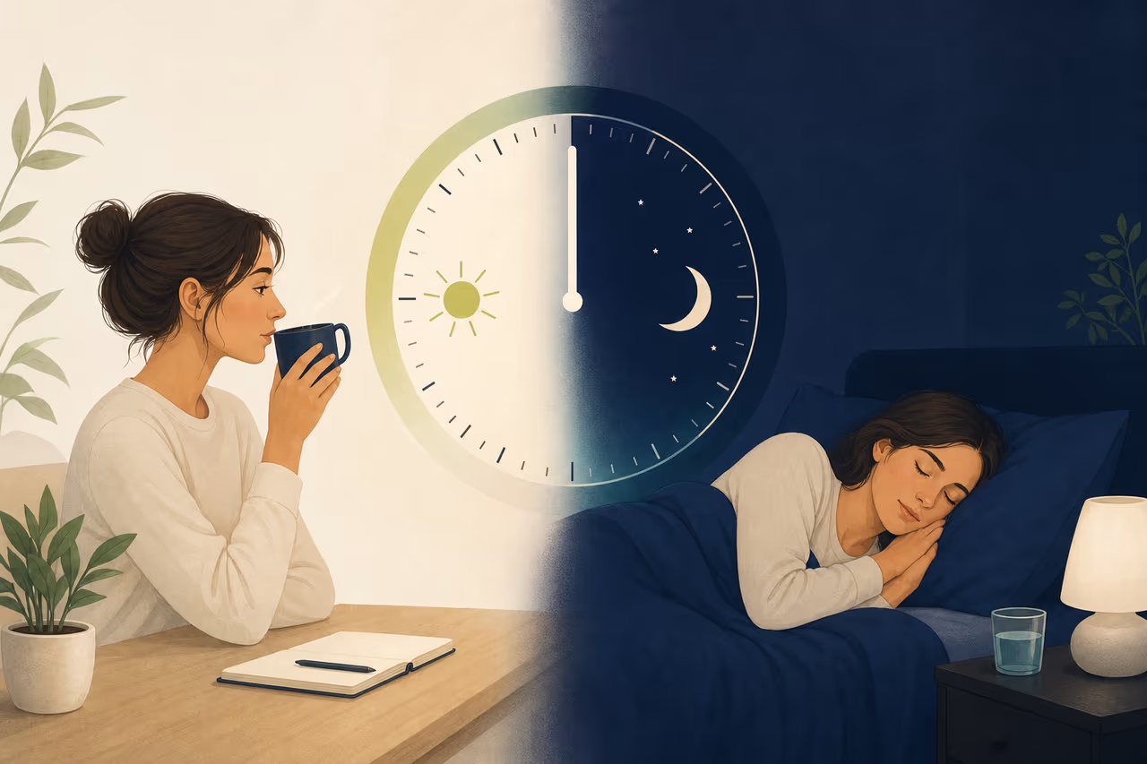 Editorial cover illustration about caffeine timing and sleep basics.