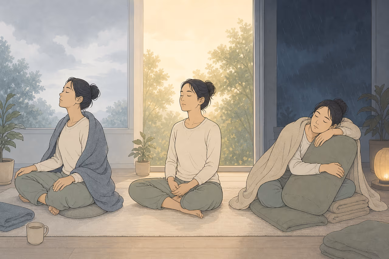 Illustration of a relaxed seated breathing practice adapted for changing energy levels.